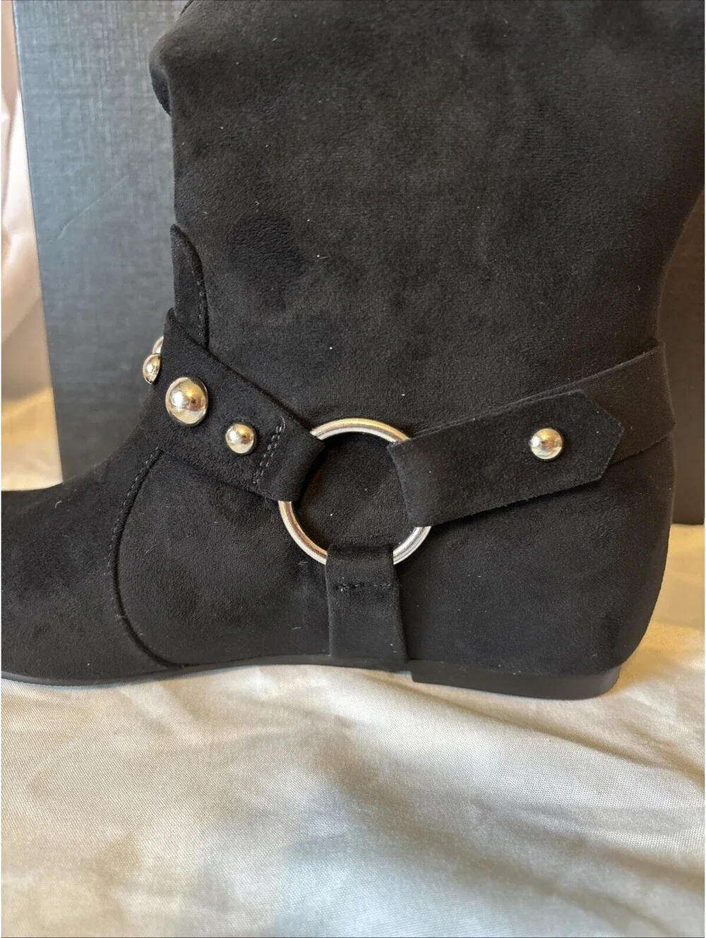 Comjuy Black Suede Ankle Boots With Studded Strap